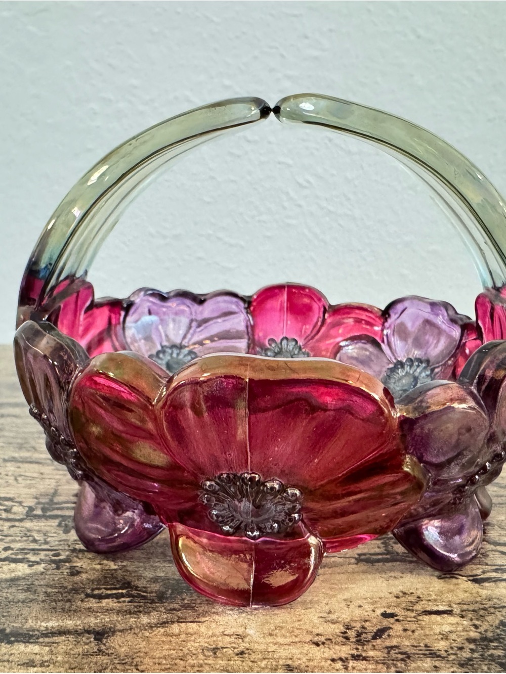 Pink & Purple Floral Glass Basket Decorative Art Glass Dish - Picture 4 of 12